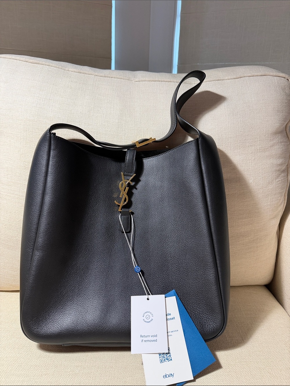 Saint Laurent Black Leather Shoulder Bag with Gold YSL Charm